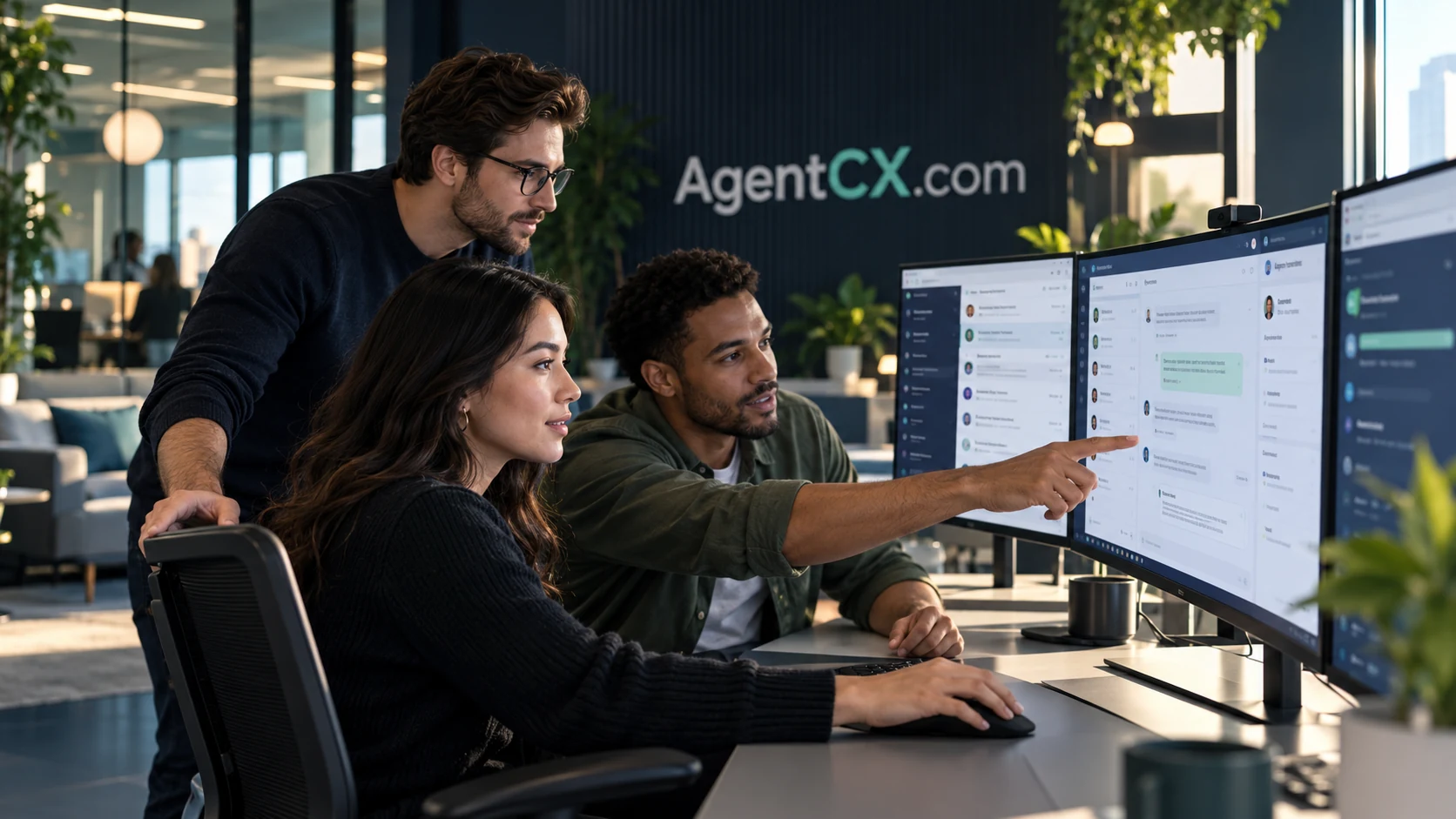 A customer-experience team working together at screens